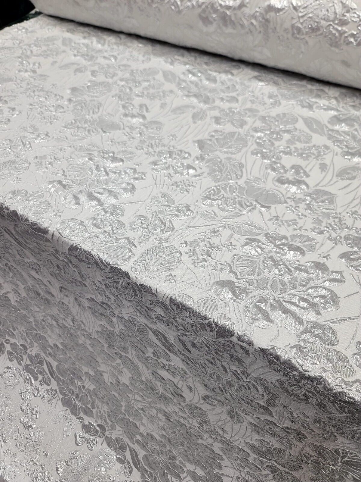 WHITE SILVER Floral Brocade Fabric 60" Sold By The Yard Embossed Flowers Bridal