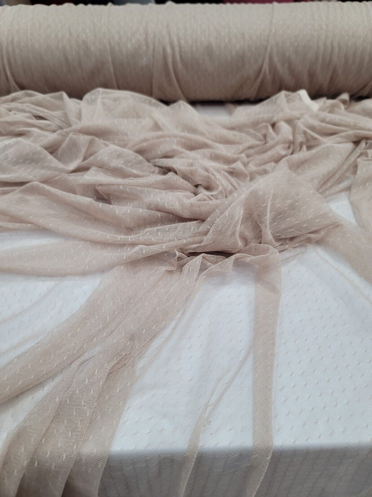 Beige Champagne Embroidered Polka Dots Mesh Prom Fabric - Sold by the Yard for Gown Quinceañera