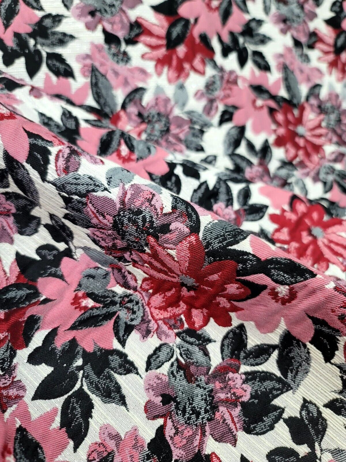 Pink Red Floral Chenille Upholstery Brocade Fabric - 56" Width - Sold by the Yard - Gray Leaves