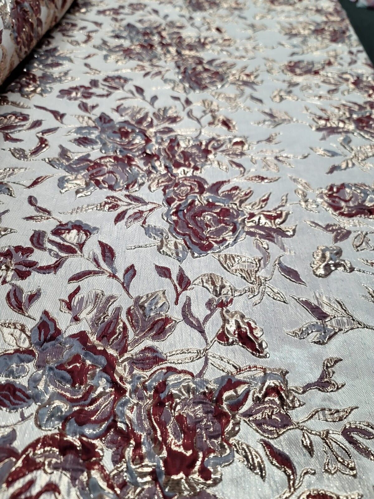 Fabric Sold By The Yard Burgundy METALLIC Brocade Floral Flowers Dress Upholster
