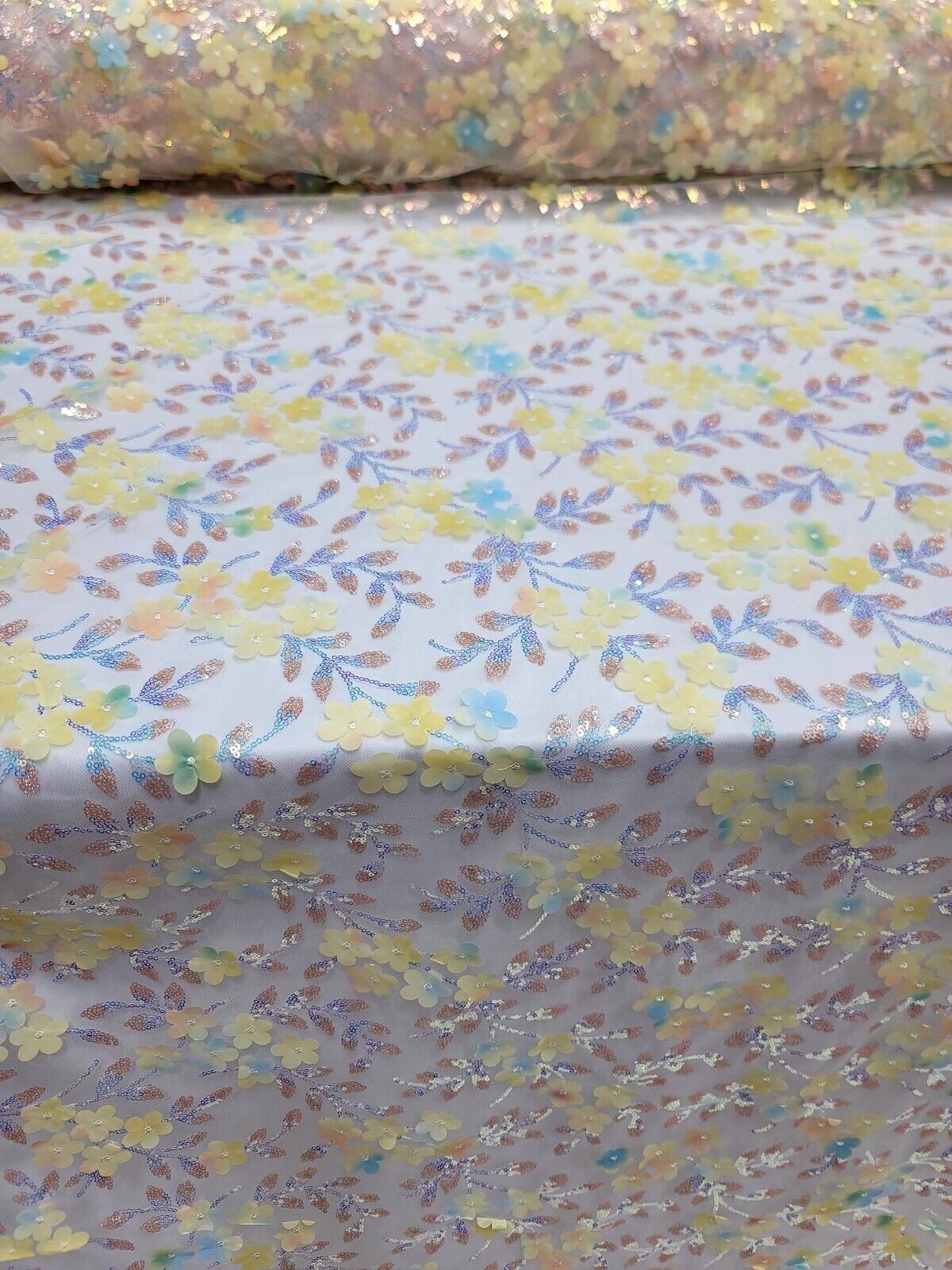 Yellow 3D Flowers/Floral Iridescent Sequins Embroidered Lace Fabric By The Yard