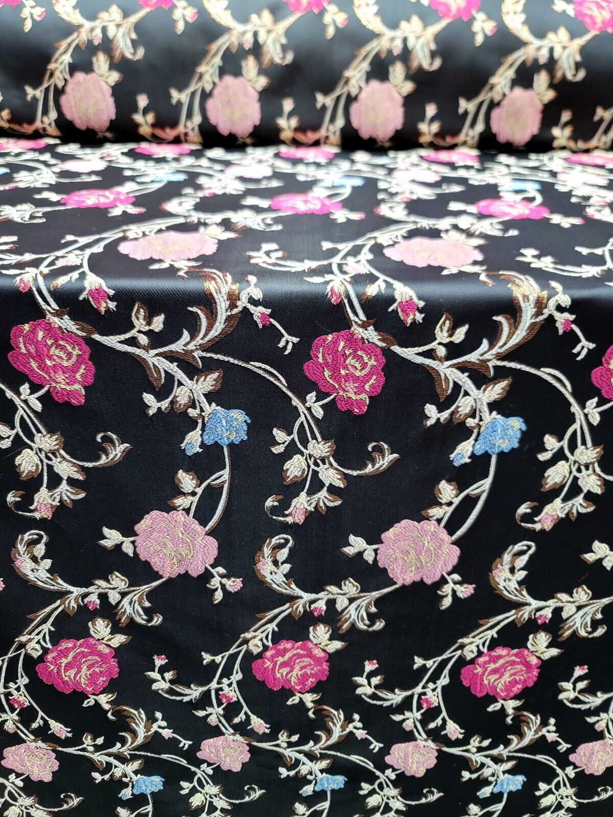 Black Brocade Fabric by the Yard - Exquisite Floral Pattern in Pink, Gold, and Blue - Perfect for Dresses and Upholstery
