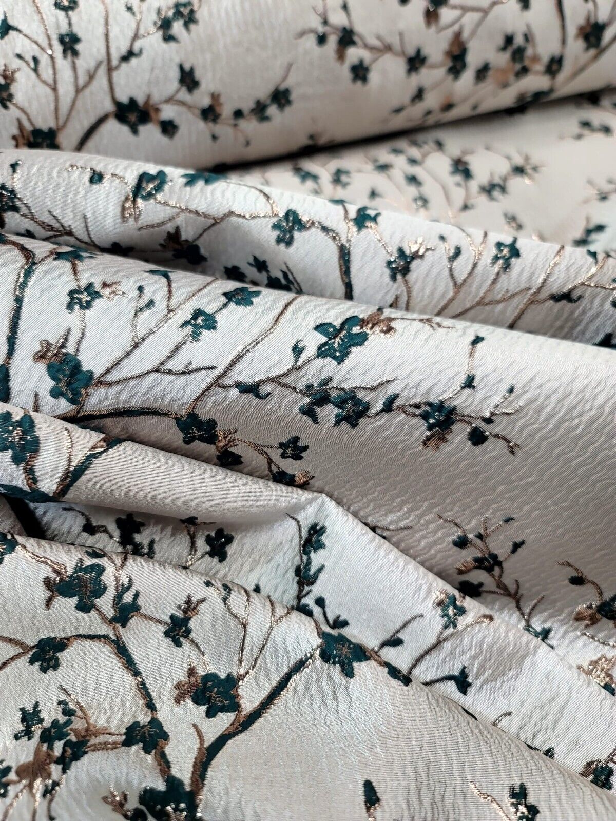 HUNTER GREEN Floral Brocade Fabric Sold By The Yard Beige Textured
