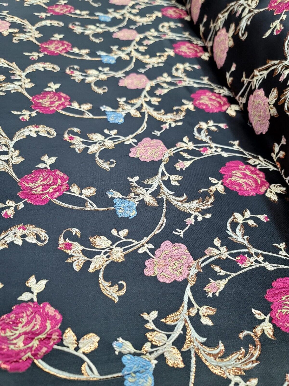 Black Brocade Fabric by the Yard - Exquisite Floral Pattern in Pink, Gold, and Blue - Perfect for Dresses and Upholstery