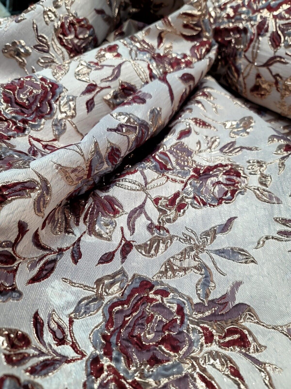 Fabric Sold By The Yard Burgundy METALLIC Brocade Floral Flowers Dress Upholster