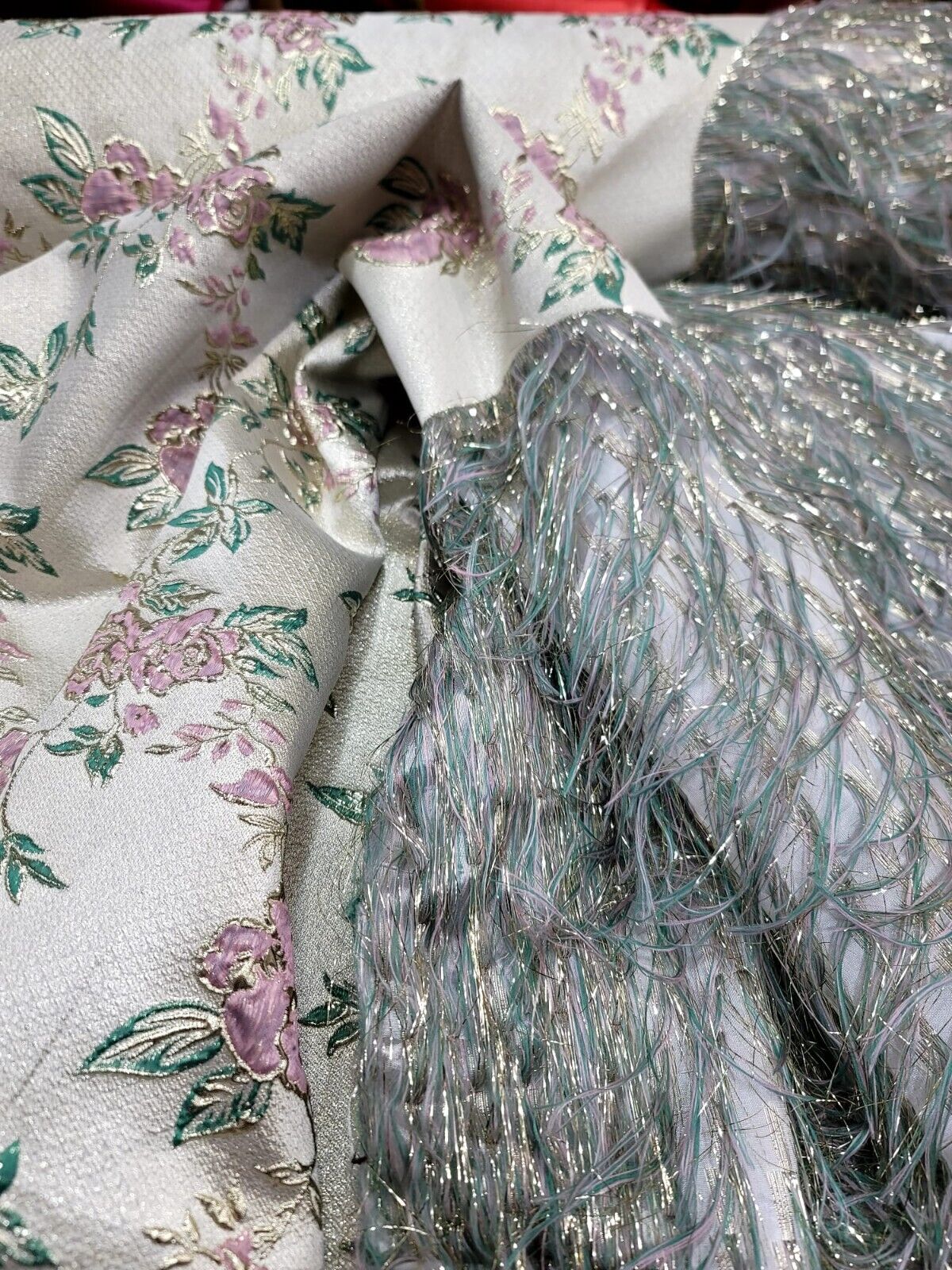 Sage Pink Gold Metallic Brocade Eyelash Prom Fabric by the Yard