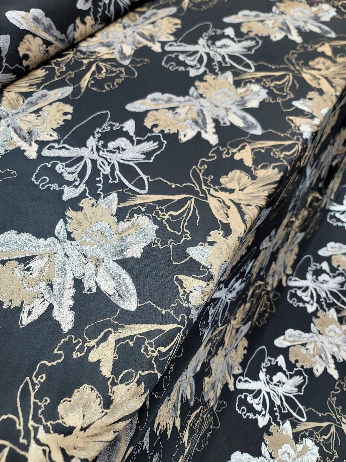 Gold,Silver and Black Damask Jacquard Brocade Floral Fabric - 60" Width