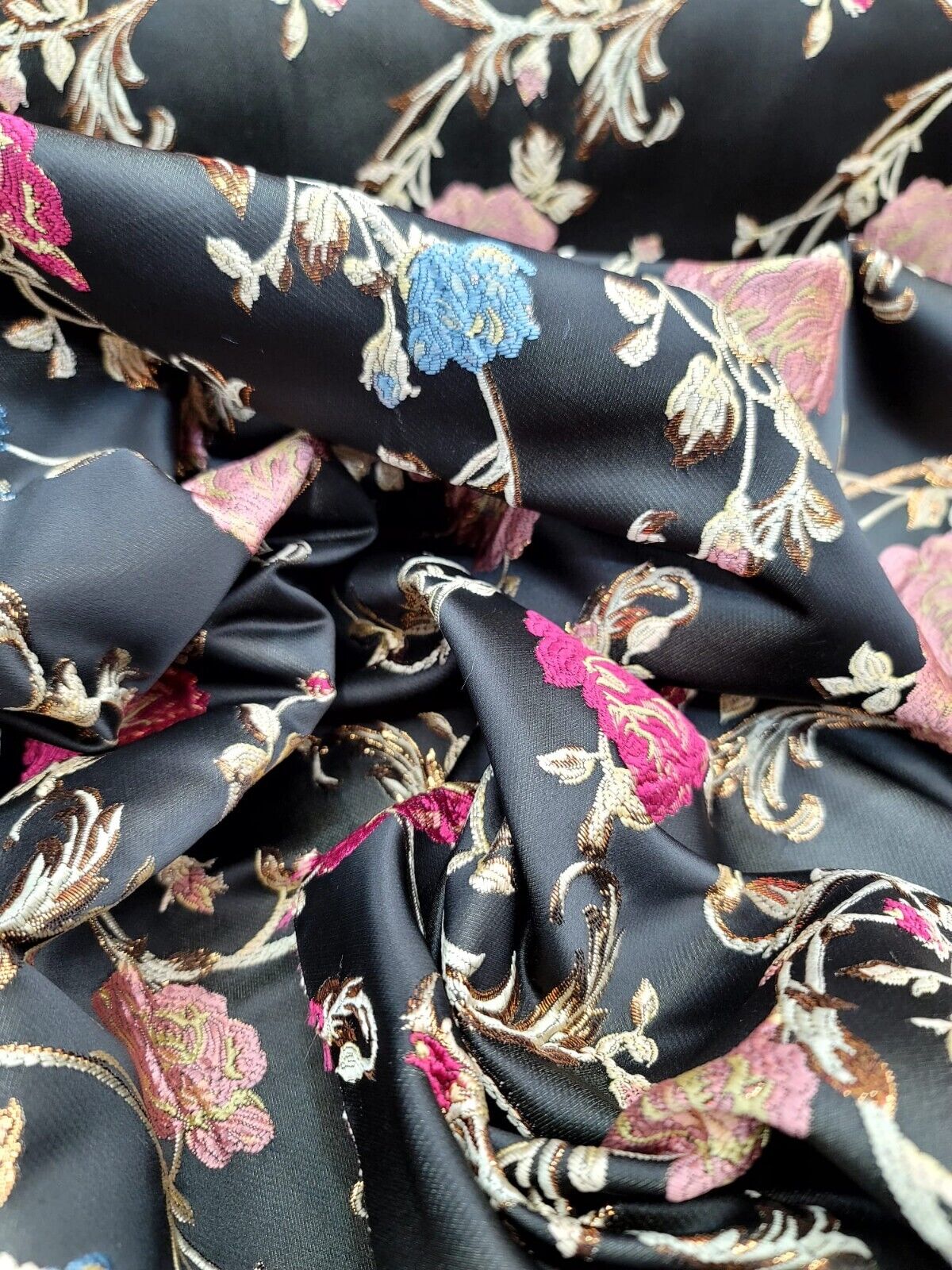 Black Brocade Fabric by the Yard - Exquisite Floral Pattern in Pink, Gold, and Blue - Perfect for Dresses and Upholstery