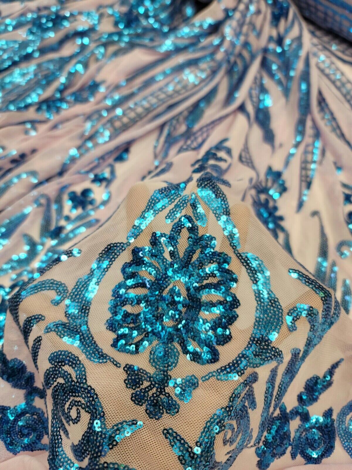Royal Blue Sequin Lace Fabric By The Yard with Pink Four Way Stretch Mesh - Perfect for Prom and Bridal Wear