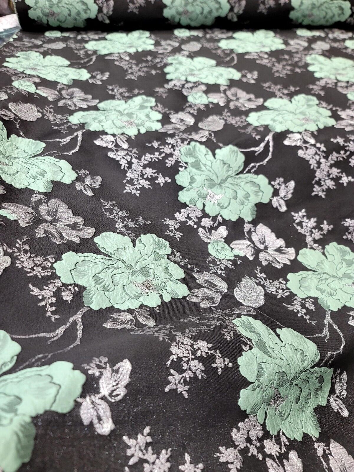 Sage Green Silver Black Damask Jacquard Brocade Floral Fabric - 60" Width