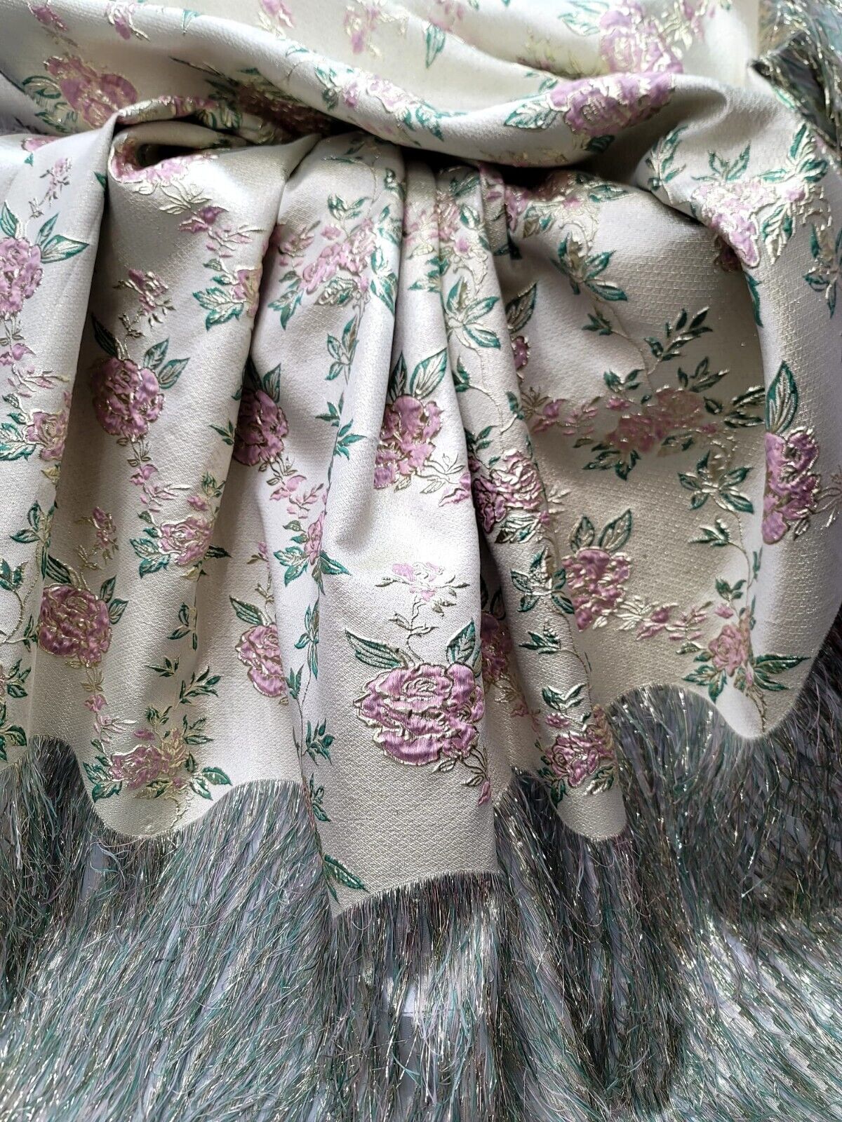Sage Pink Gold Metallic Brocade Eyelash Prom Fabric by the Yard