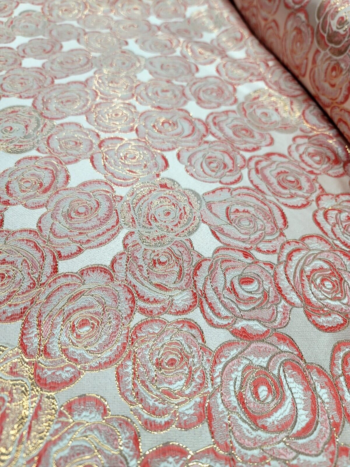CORAL FLORAL BROCADE FABRIC SOLD BY THE YARD ACCENT GOLD FOR DRESS UPHOLSTERY