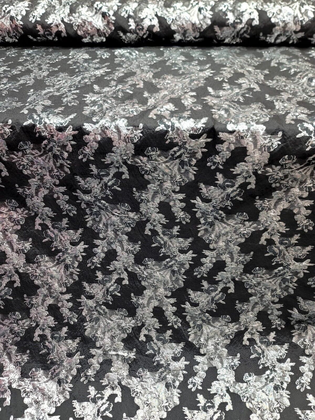 Black Organza Brocade Silver Floral Fabric Sold by the Yard Gown Quinceañera