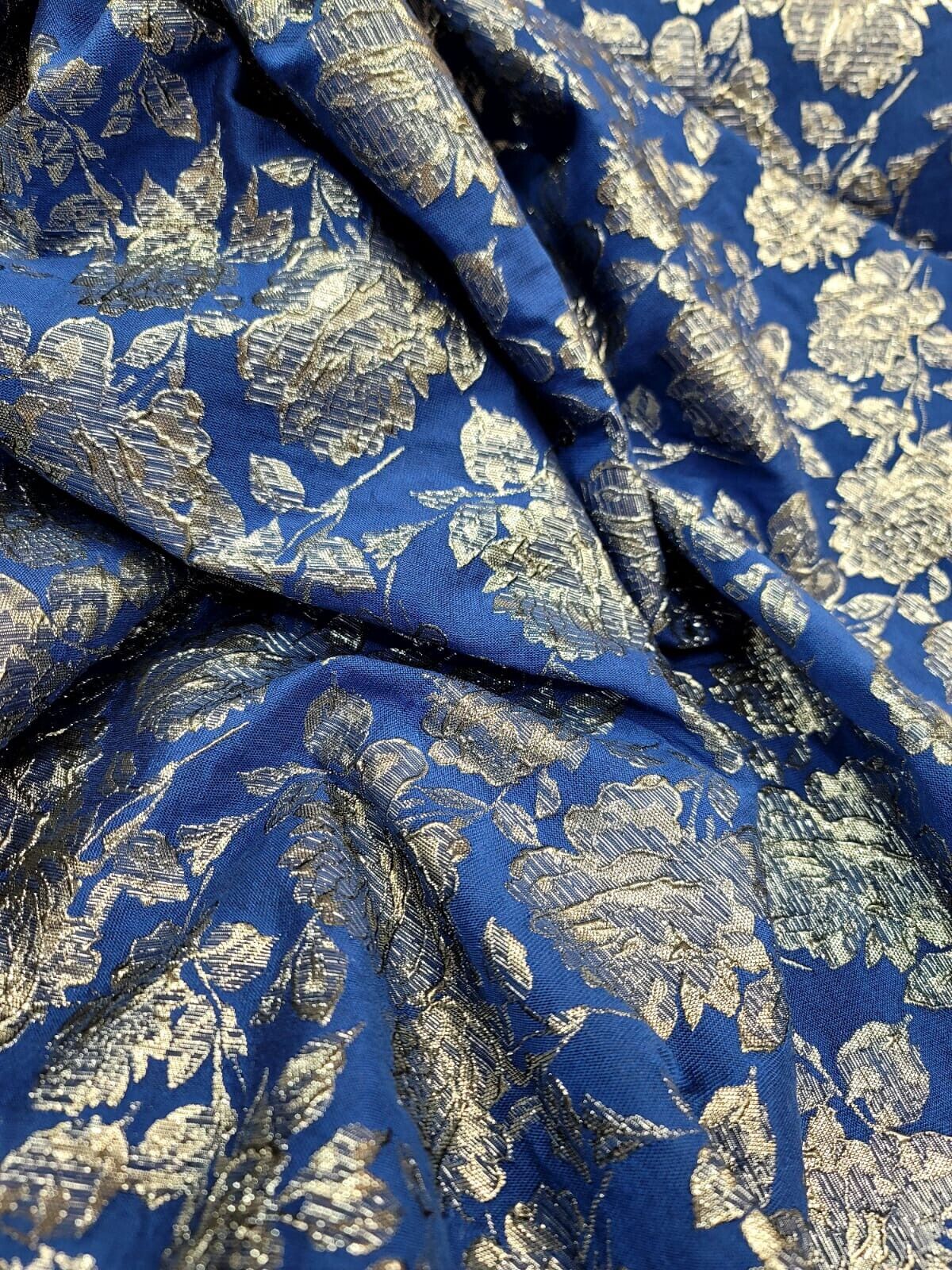 ROYAL BLUE Brocade Fabric (60 in.) Sold By The Yard METALLIC SILVER FLORAL EMBOS
