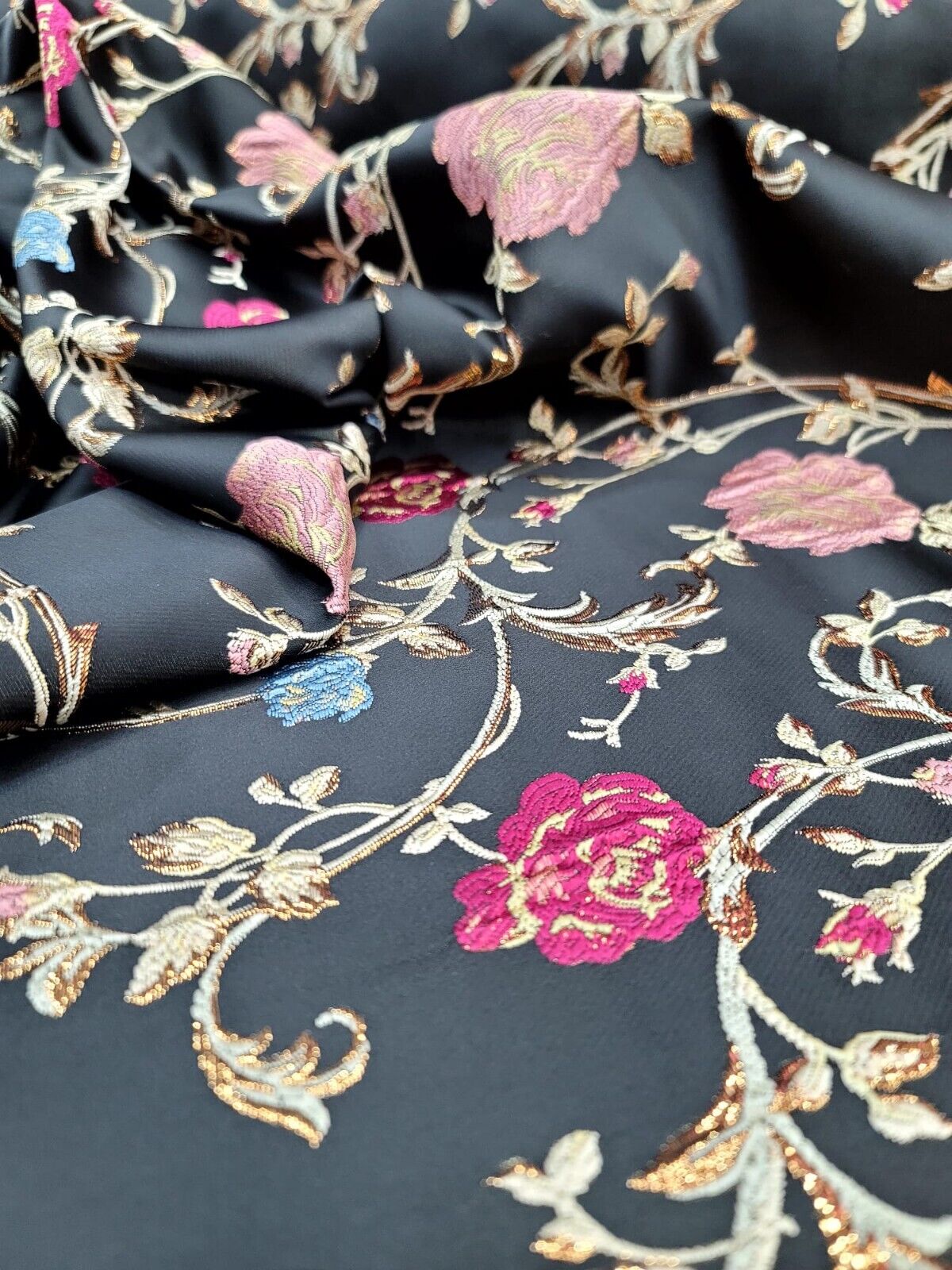 Black Brocade Fabric by the Yard - Exquisite Floral Pattern in Pink, Gold, and Blue - Perfect for Dresses and Upholstery