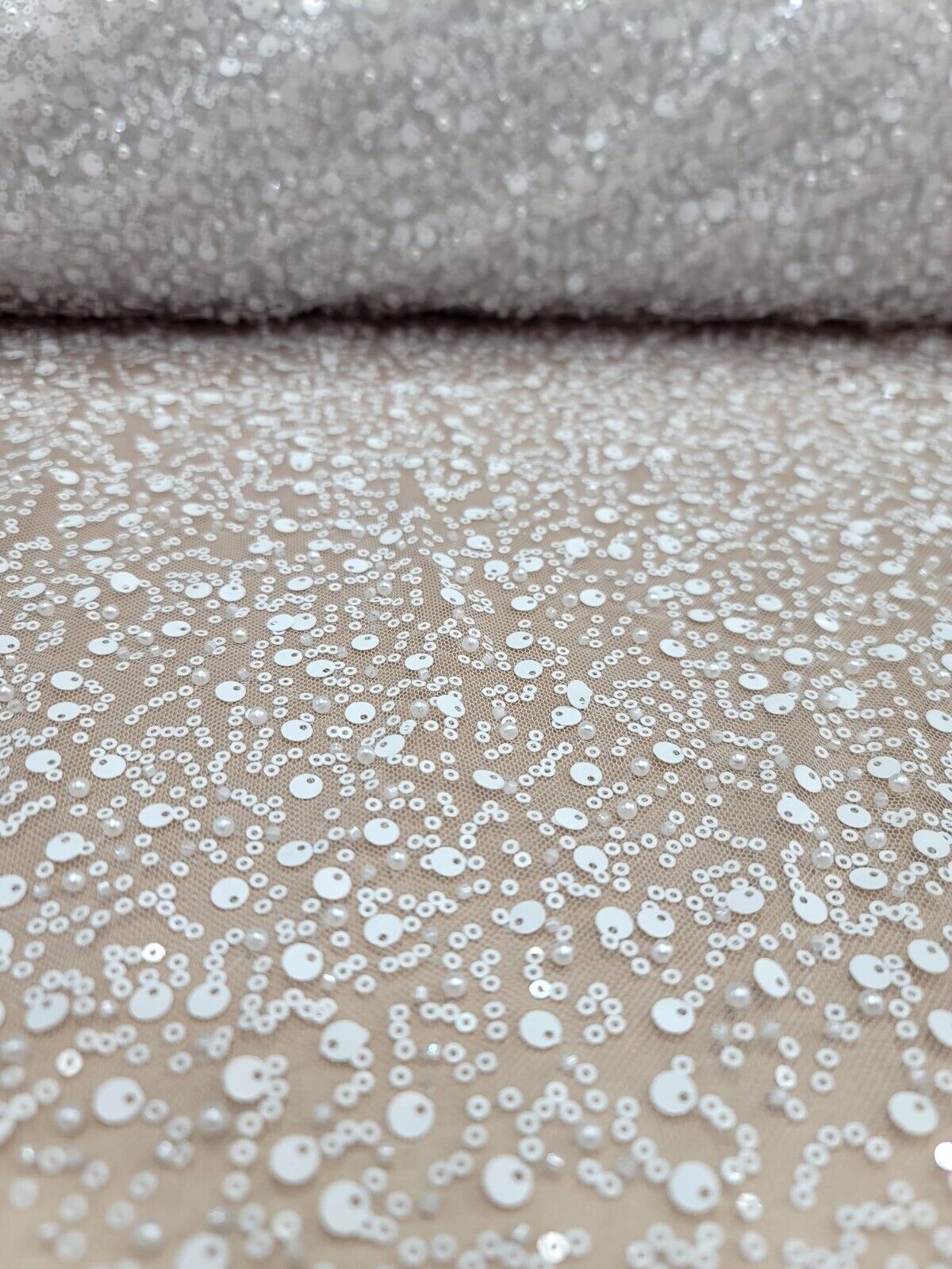 White Beaded Lace Fabric By The Yard - Embroidery Sequin On Stretch Mesh - Wedding