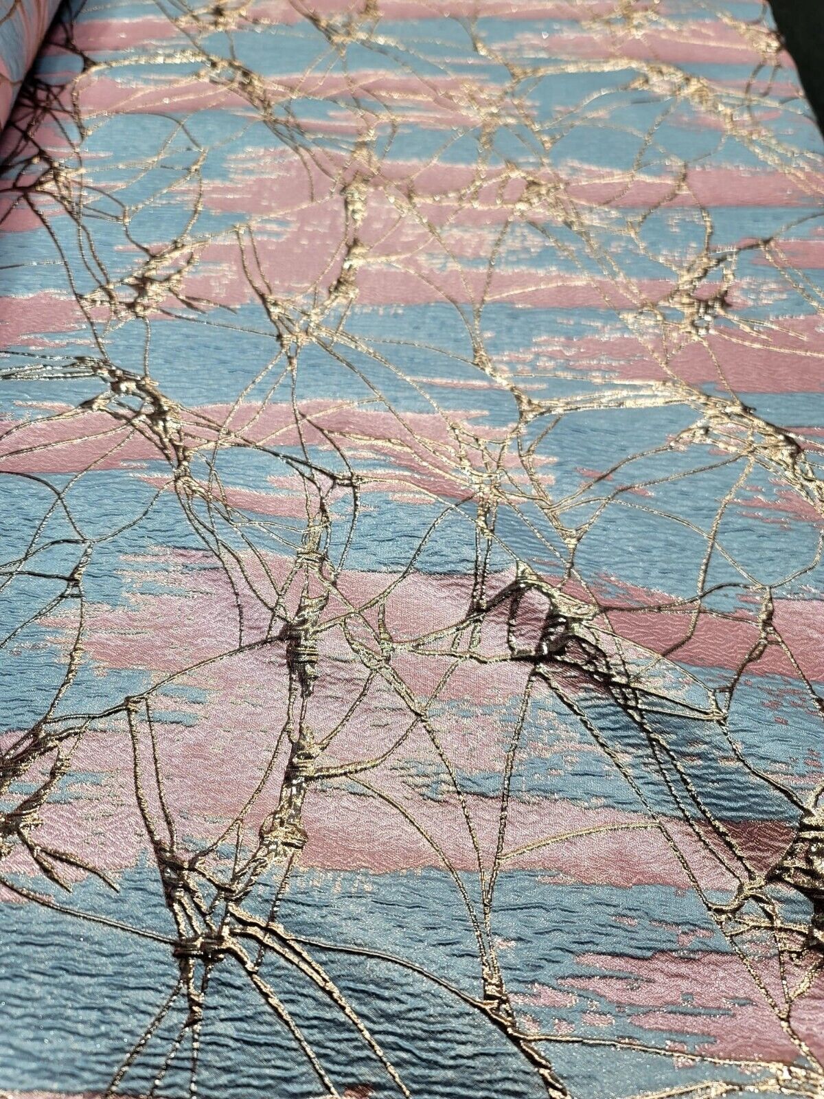 Pink Brocade Jacquard Fabric - Sold By The Yard - Sky Blue Metallic Rose Gold Fashion (60” Width)
