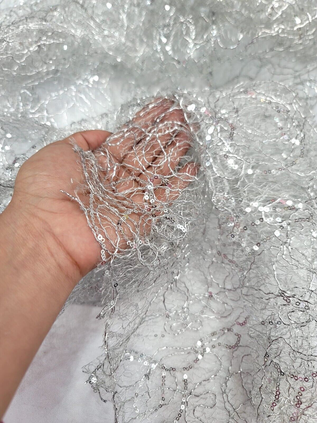 Spider Webs Silver Sequins Fabric By The Yard