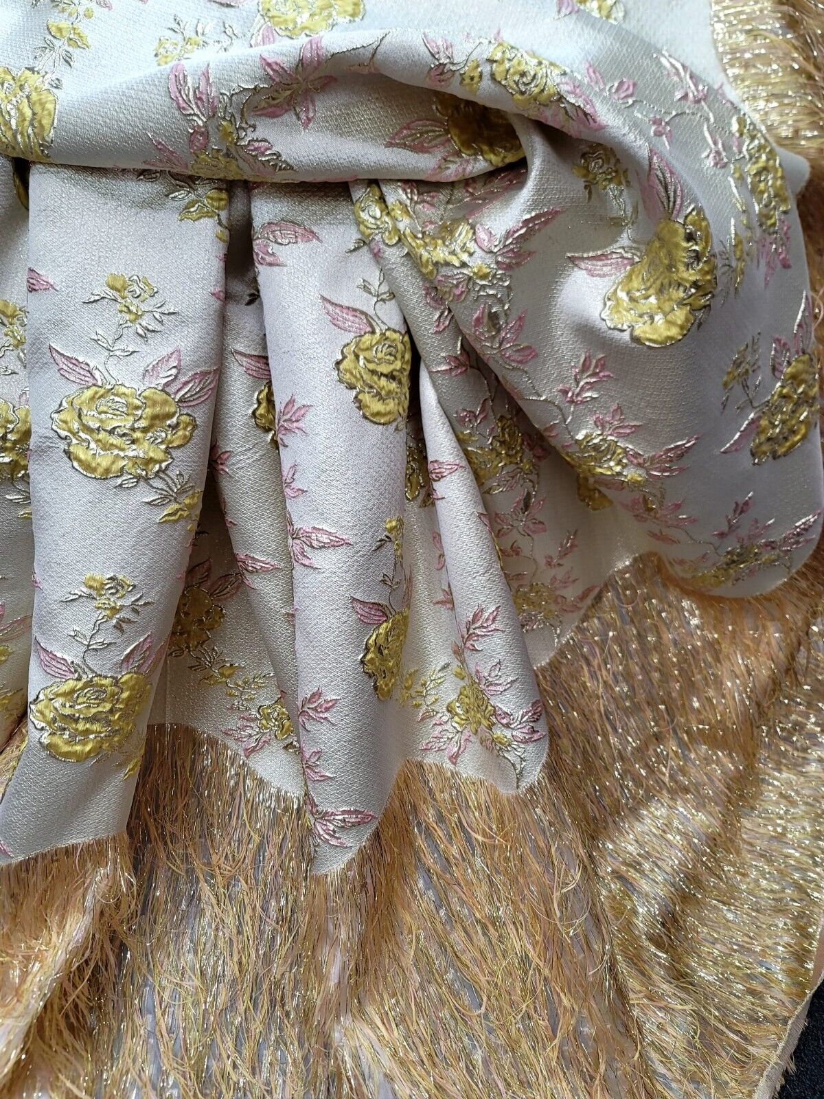 Yellow Pink Gold Metallic Brocade Eyelash Prom Fabric by the Yard