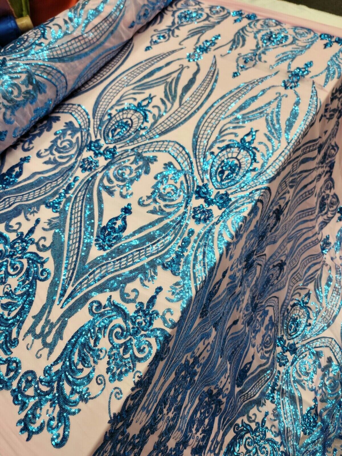 Royal Blue Sequin Lace Fabric By The Yard with Pink Four Way Stretch Mesh - Perfect for Prom and Bridal Wear