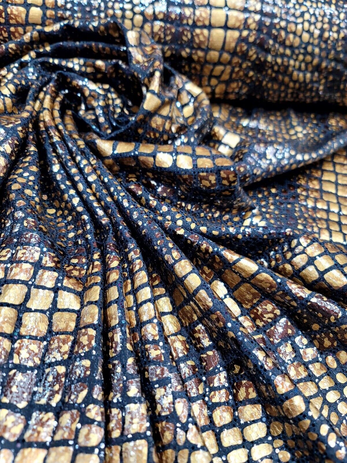 Brown Golden Desert Python Snake Print Stretch Black Sequins Fabric - Sold by the Yard