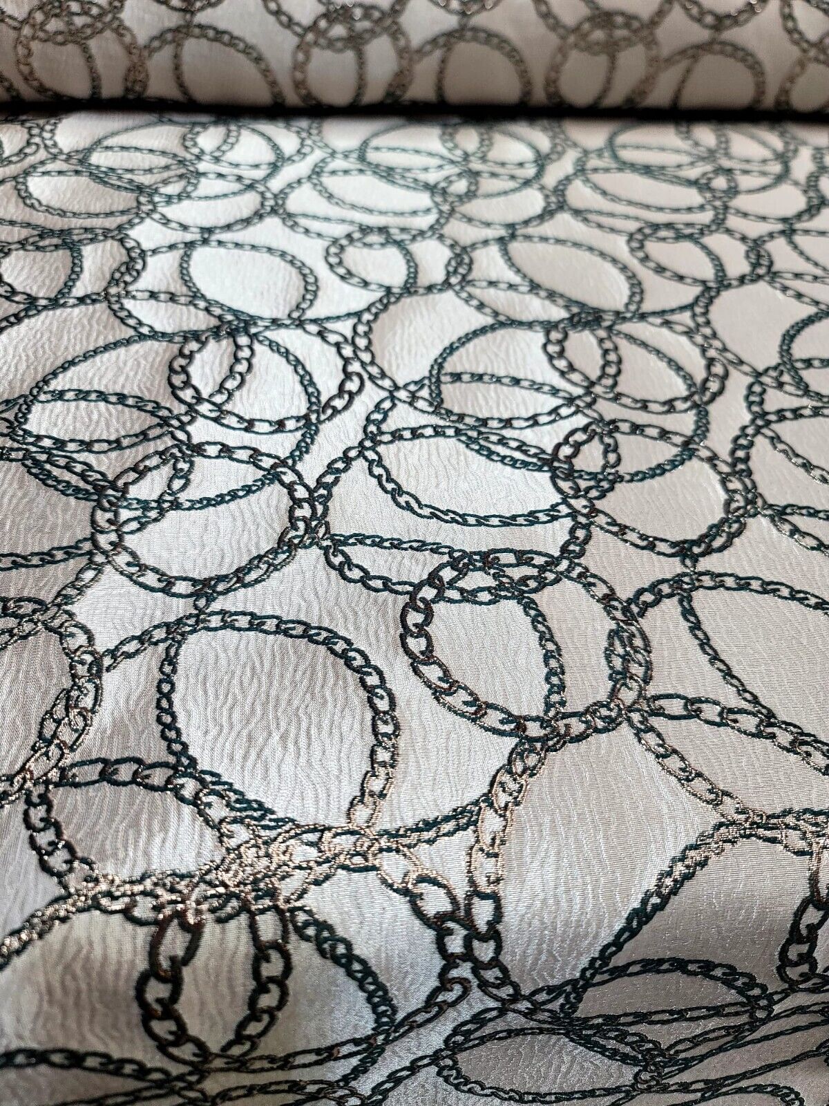 Beige and Hunter Green and Gold Brocade Fabric with Gold Metallic Chain Geometric Pattern - Sold by Yard - Perfect for Fashion, Home Decor, and Elegant Creations