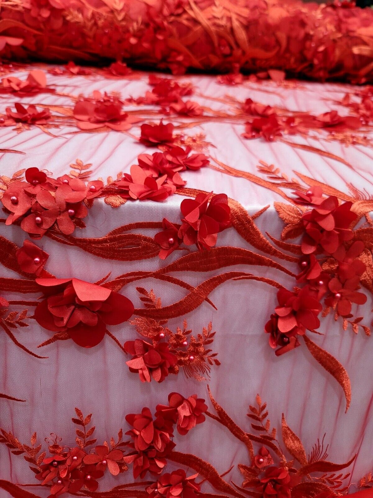 Red 3D Floral Embroidered Pearls Mesh Lace Fabric By The Yard