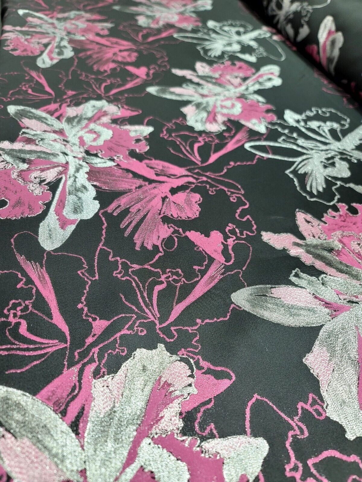Pink Fuchsia Silver and Black Damask Jacquard Brocade Floral Fabric - 60" Width