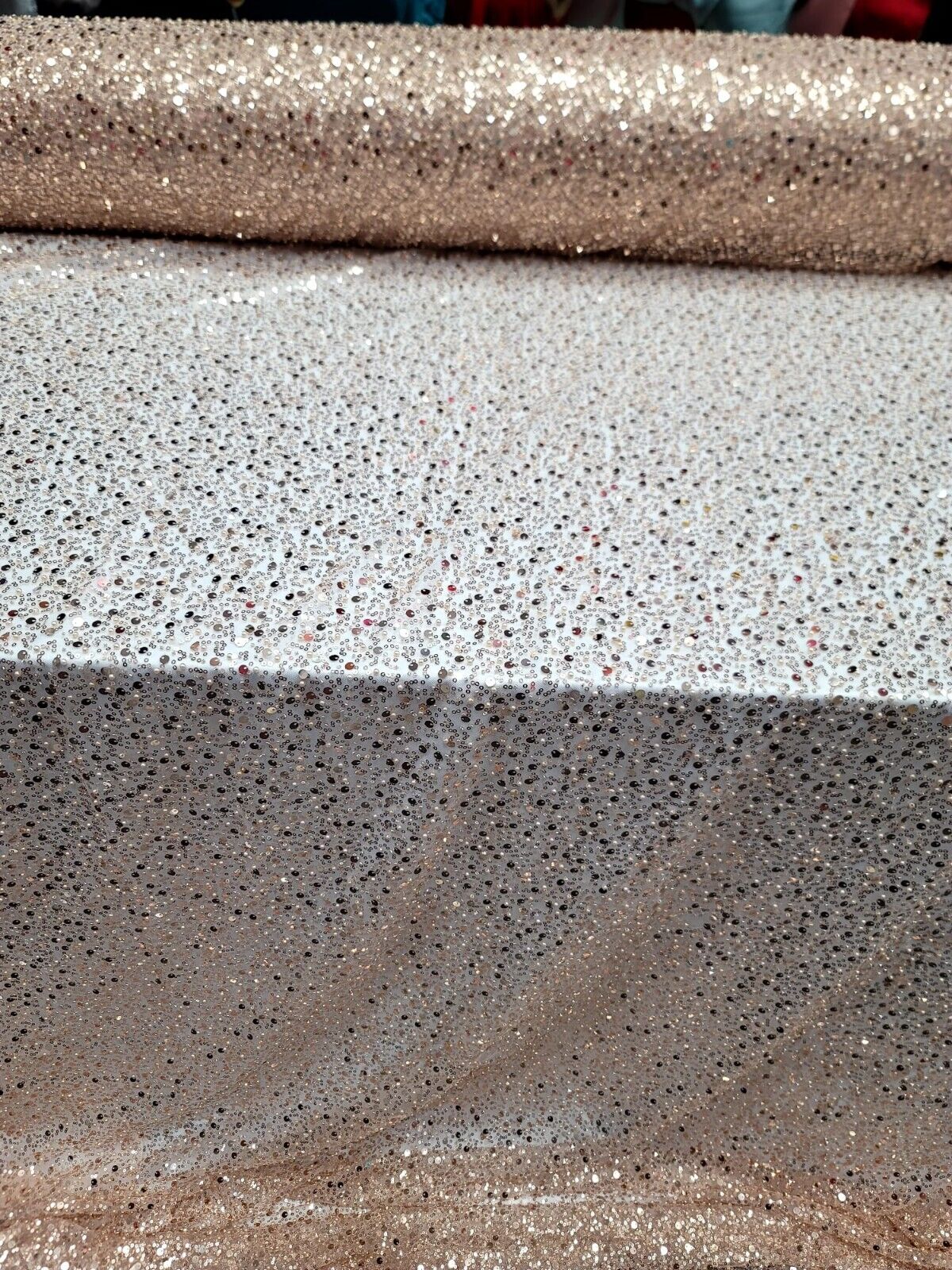 Rose Gold Sequins Beaded Embroidered Stretch Lace Fabric By The Yard - Perfect for Prom Dresses