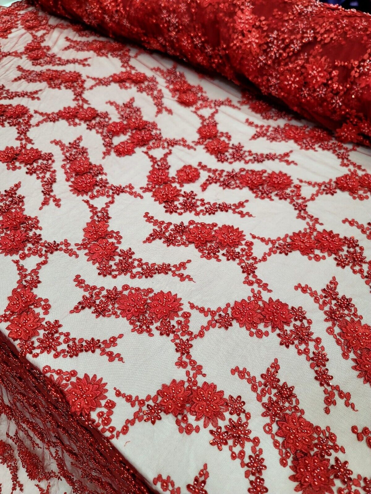 Lace Fabric Red 3D Flower Beaded Bridal Wedding Dress Fabric Sold By The Yard
