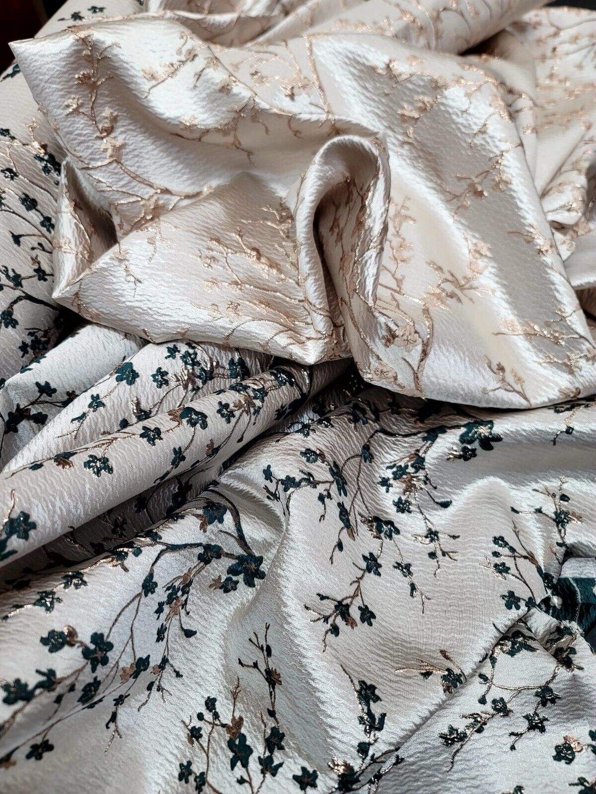 HUNTER GREEN Floral Brocade Fabric Sold By The Yard Beige Textured
