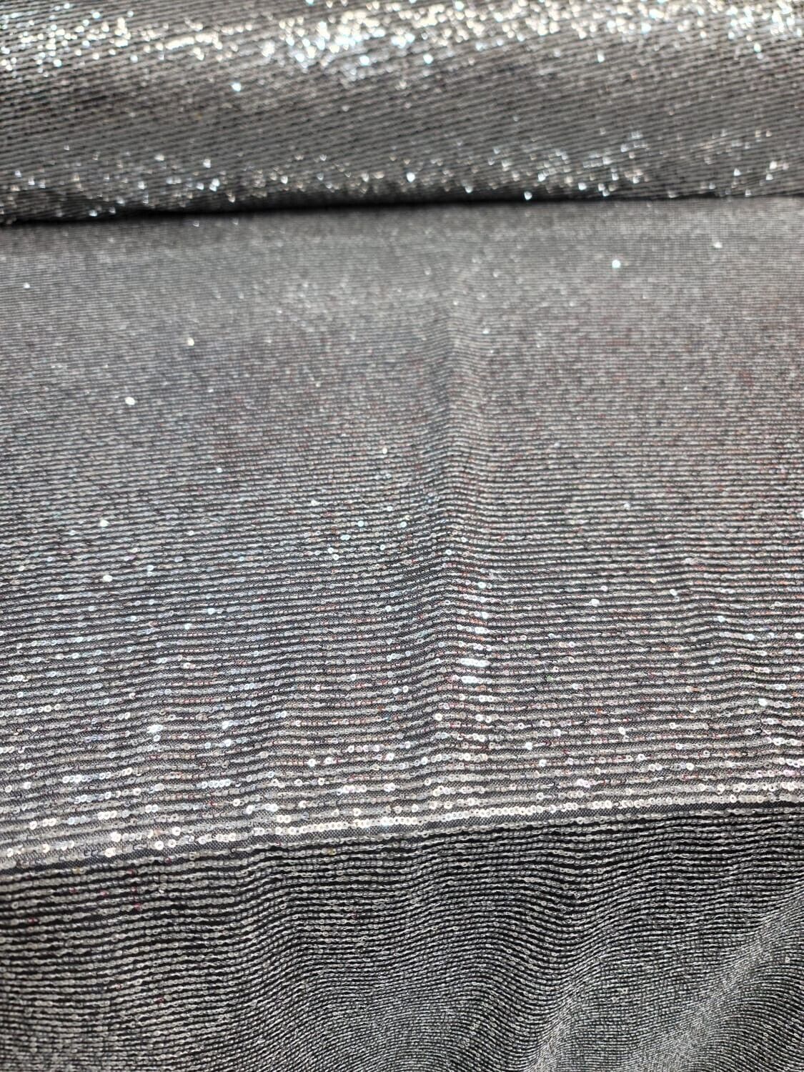 Silver Sequin Fabric on Black Stretch Mesh - 3MM Glitz Mini Sequins - Sold by the Yard