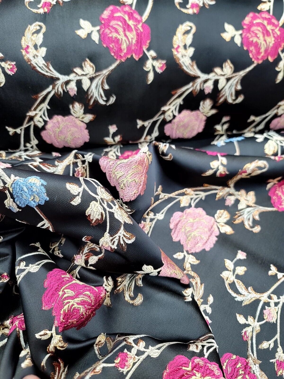 Black Brocade Fabric by the Yard - Exquisite Floral Pattern in Pink, Gold, and Blue - Perfect for Dresses and Upholstery