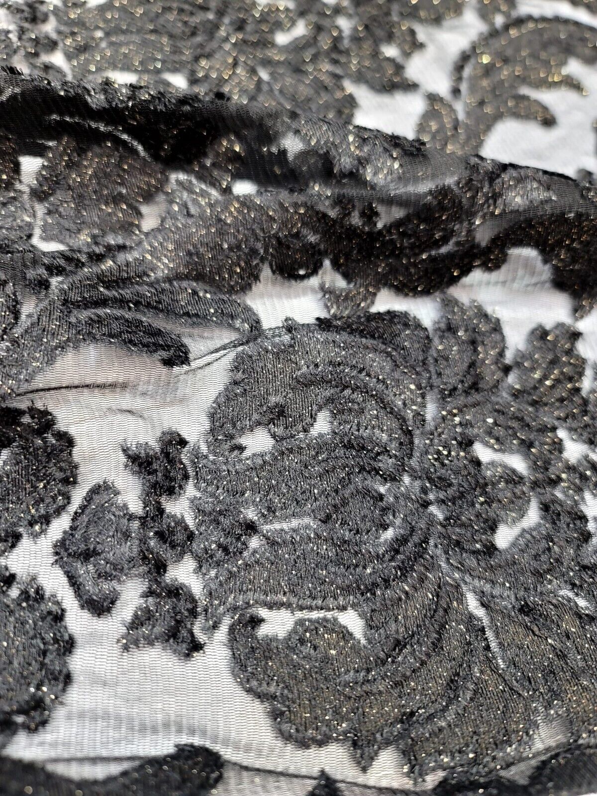 Embroidered Stretch Lace Apparel Fabric Sheer Black Floral Gold Accent - 52" Width
