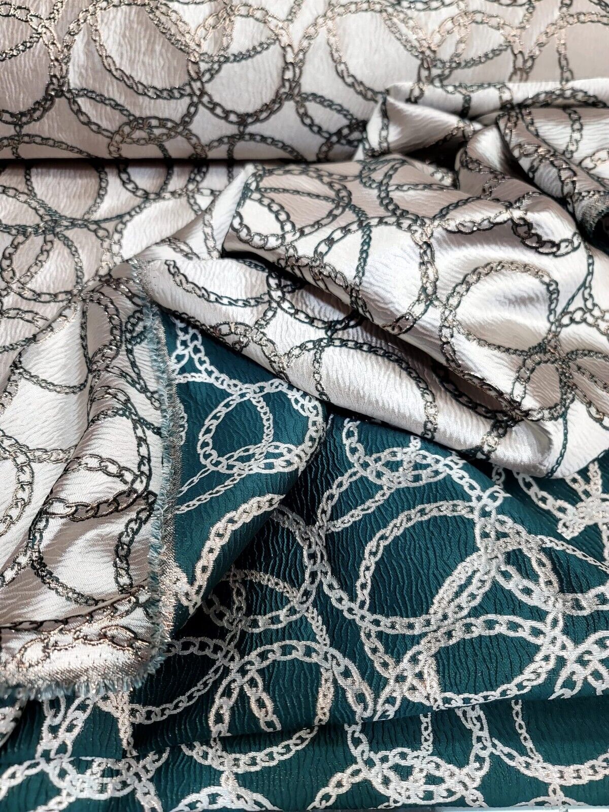 Beige and Hunter Green and Gold Brocade Fabric with Gold Metallic Chain Geometric Pattern - Sold by Yard - Perfect for Fashion, Home Decor, and Elegant Creations