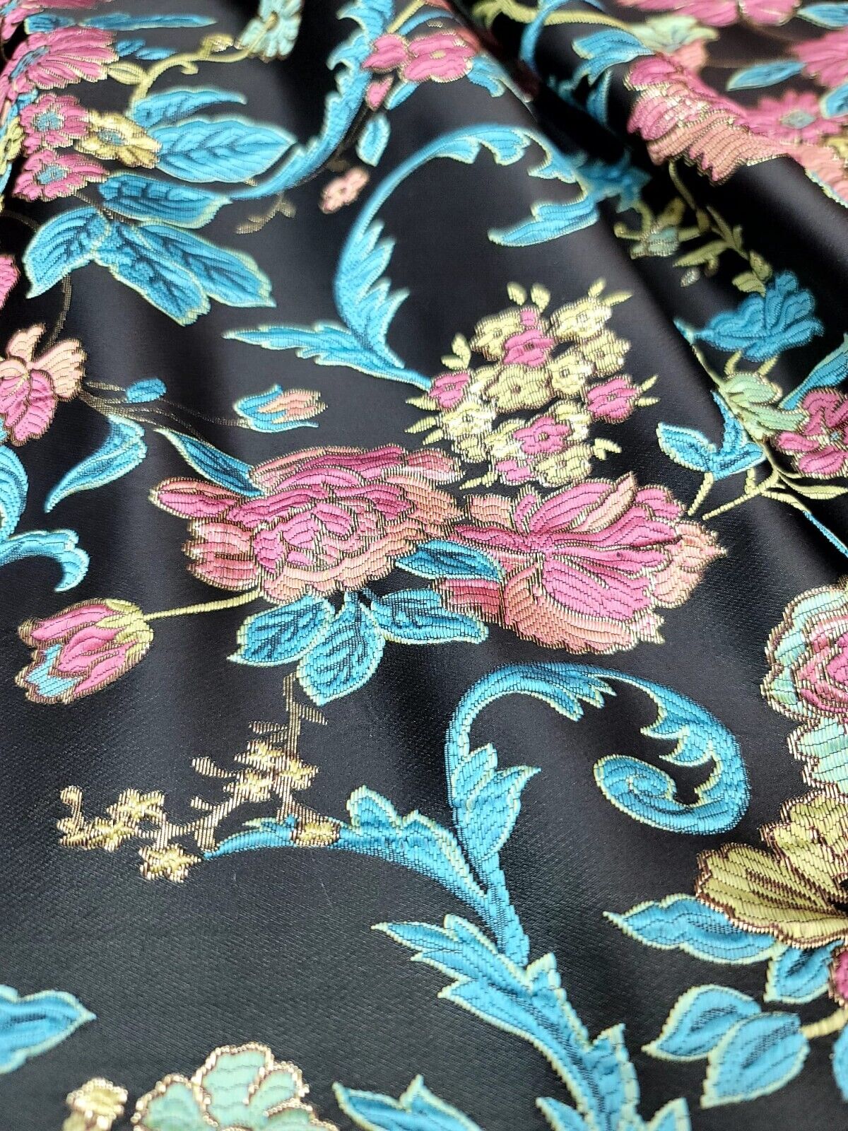 Brocade Multicolor Floral Turquoise Pink Black Jacquard Fabric By The Yard Dress