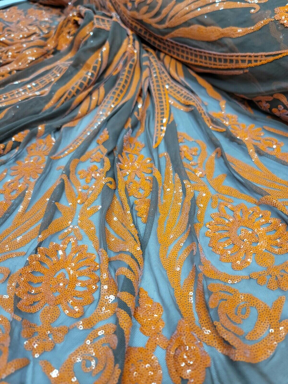 Orange Sequin Embroidered Lace Brown Stretch Mesh Fabric by the Yard For Dress