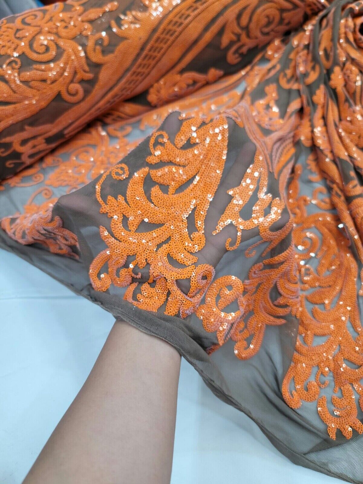 Orange Sequin Embroidered Lace Brown Stretch Mesh Fabric by the Yard For Dress