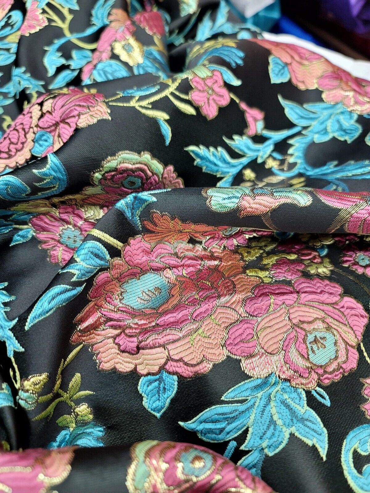 Brocade Multicolor Floral Turquoise Pink Black Jacquard Fabric By The Yard Dress