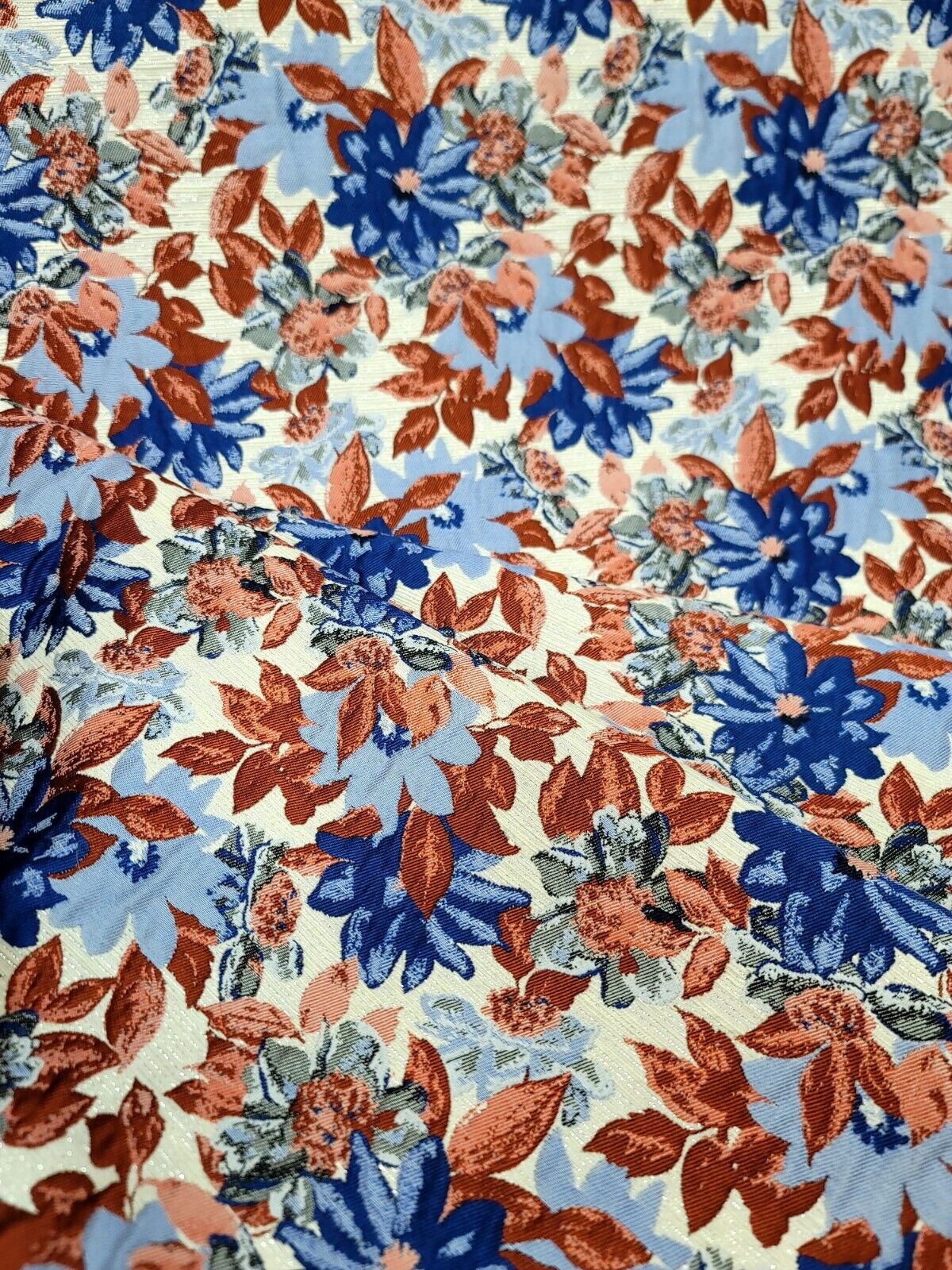 Blue Maroon Coral Floral Chenille Upholstery Brocade Fabric (54 inches) - Sold by the Yard