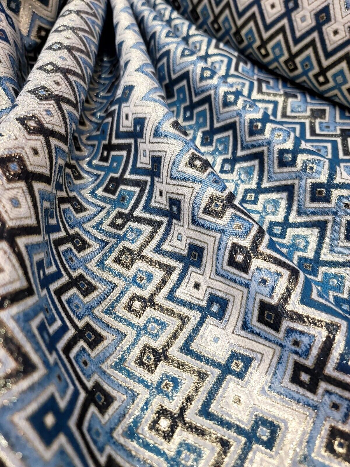Teal Metallic Geometric Brocade Fabric - Sold by Yard - Perfect for Dressmaking, Upholstery, and High-End Creations