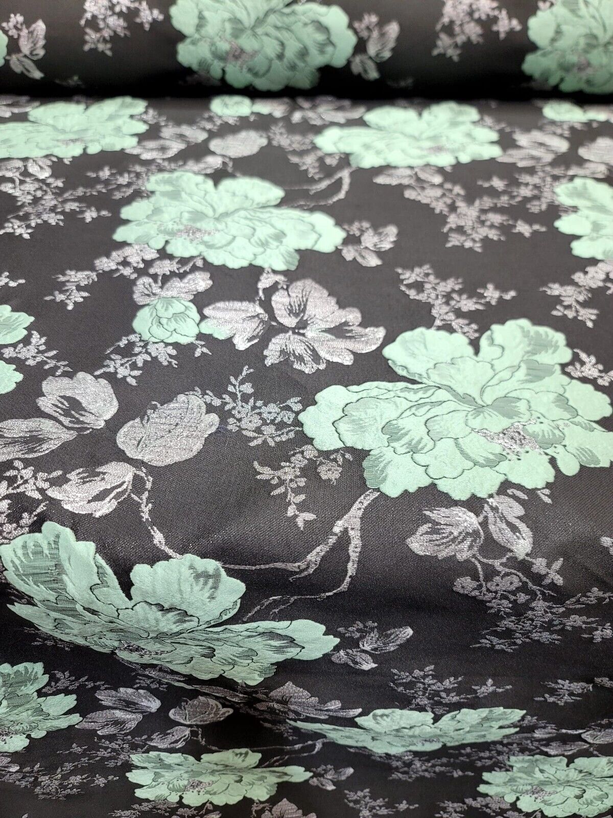 Sage Green Silver Black Damask Jacquard Brocade Floral Fabric - 60" Width
