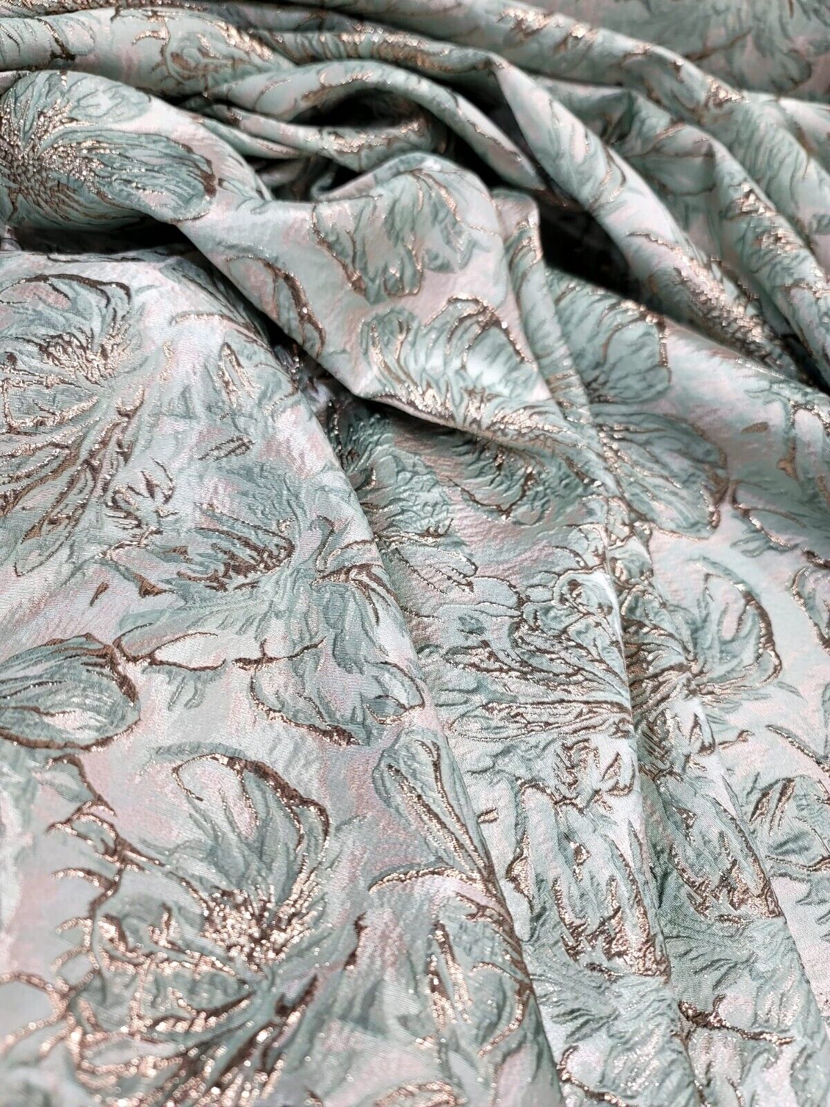 MINT GREEN ROSE GOLD Floral Brocade Fabric - Sold by the Yard