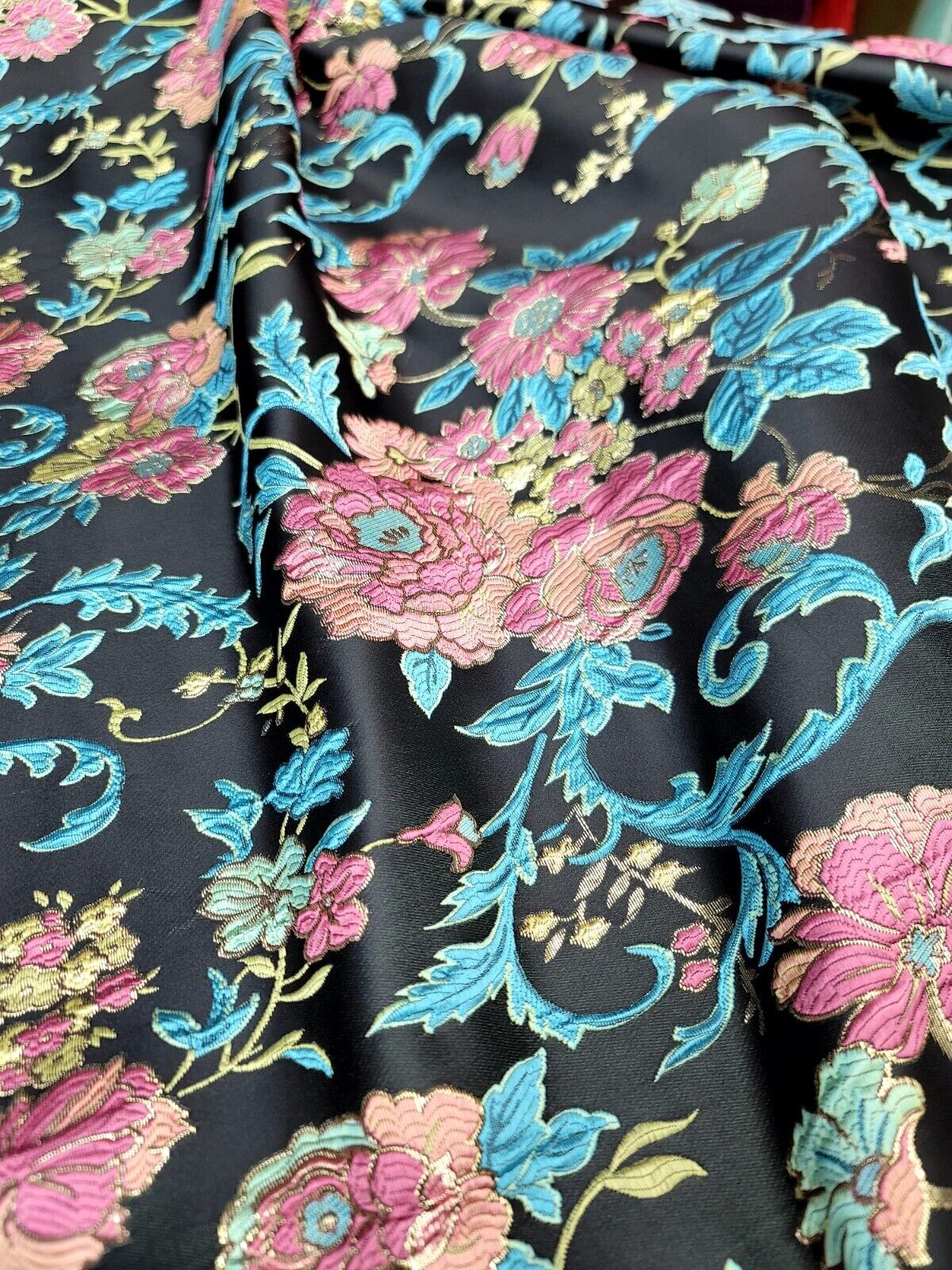 Brocade Multicolor Floral Turquoise Pink Black Jacquard Fabric By The Yard Dress