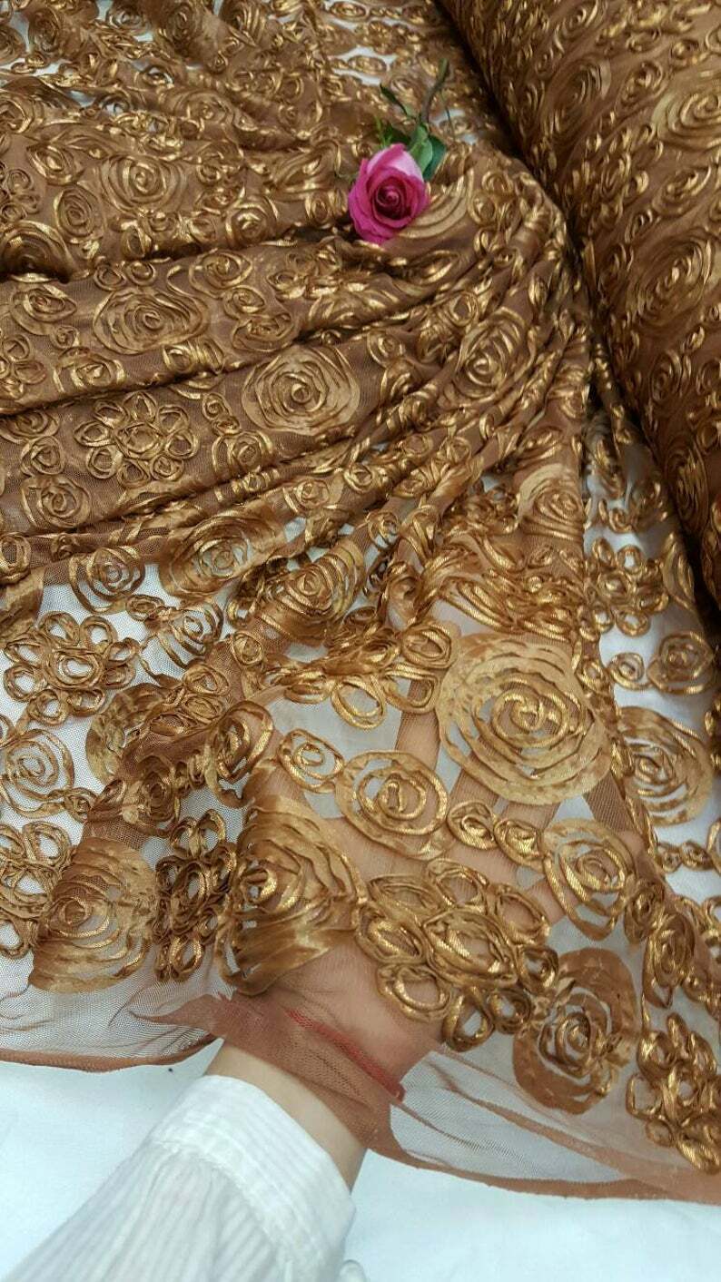 Copper Embroidered Lace with Floral Flowers and Ribbon on Mesh Fabric - Sold by the Yard