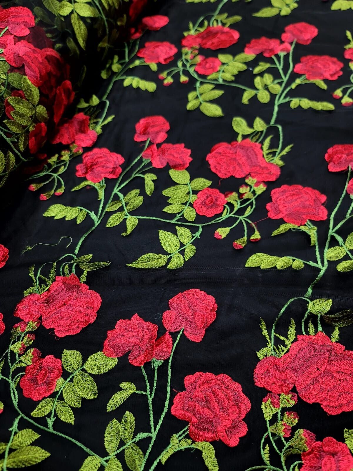 Black Lace Fabric with Red and Green Flower Embroidery - Stunning Floral Design on Elegant Black Mesh - Sold by the Yard