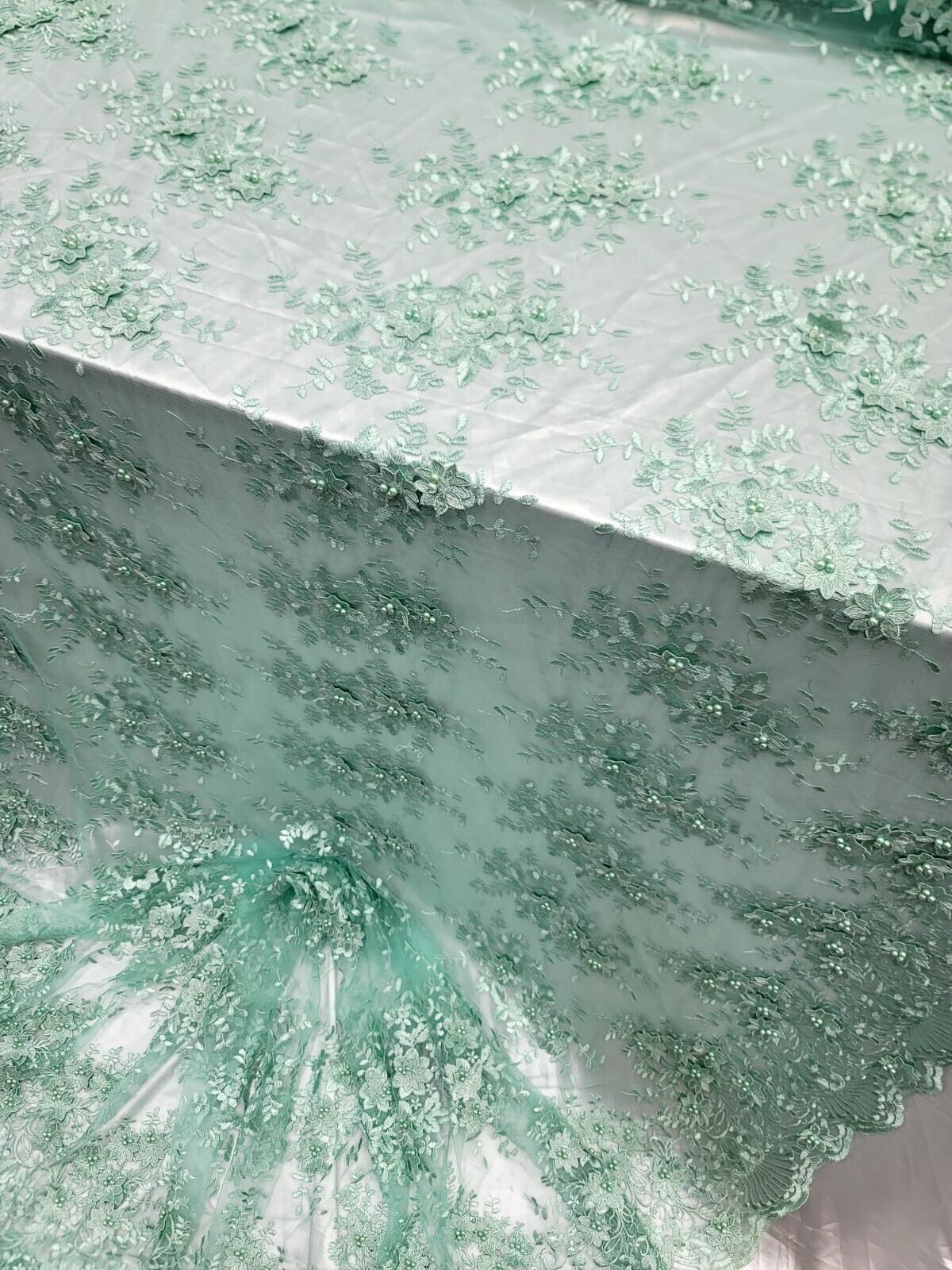 Sage green 3d Floral Embroidery Pearls Mesh Lace Scalloped Fabric By yard 54" w