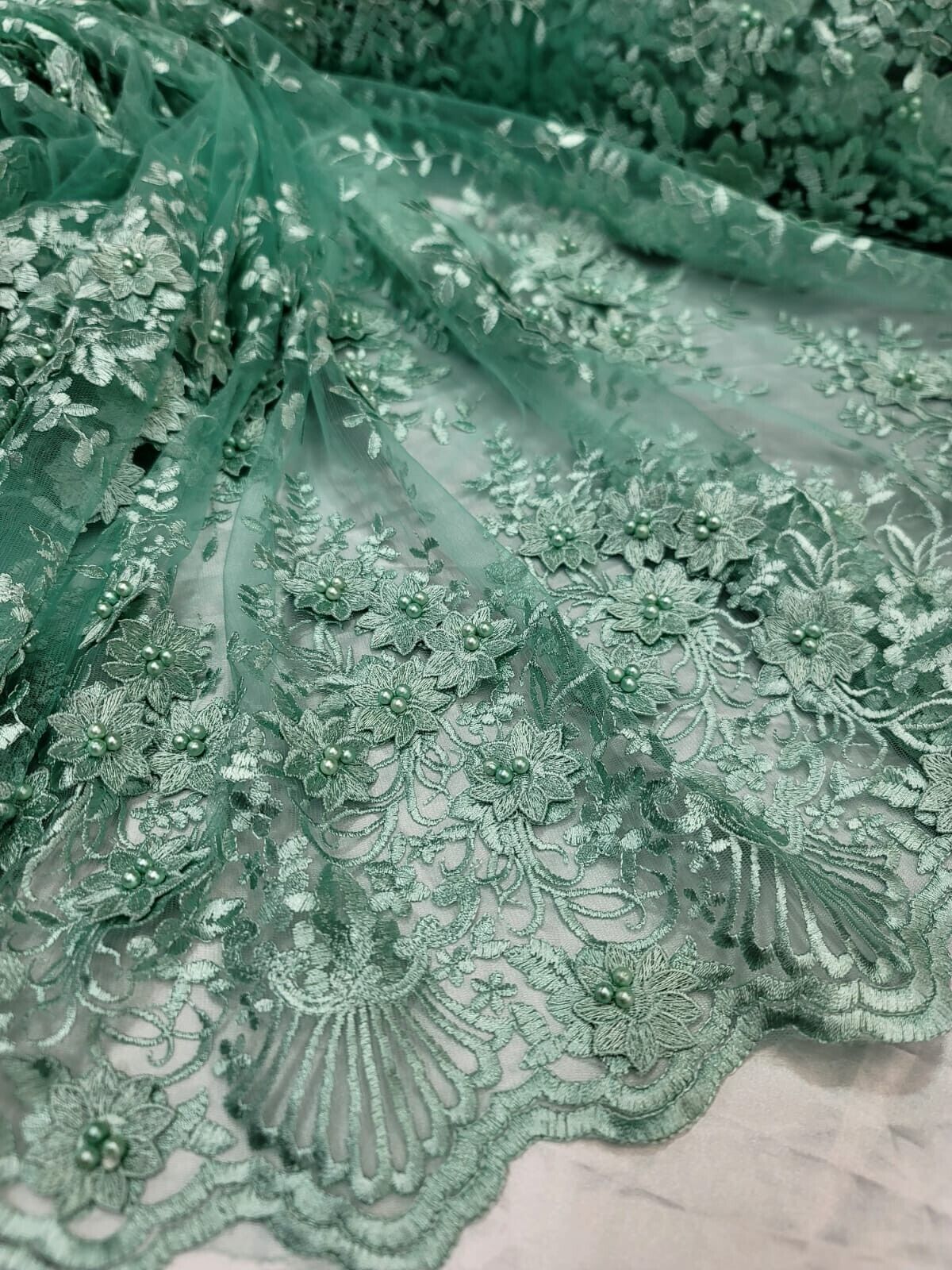 Sage green 3d Floral Embroidery Pearls Mesh Lace Scalloped Fabric By yard 54" w