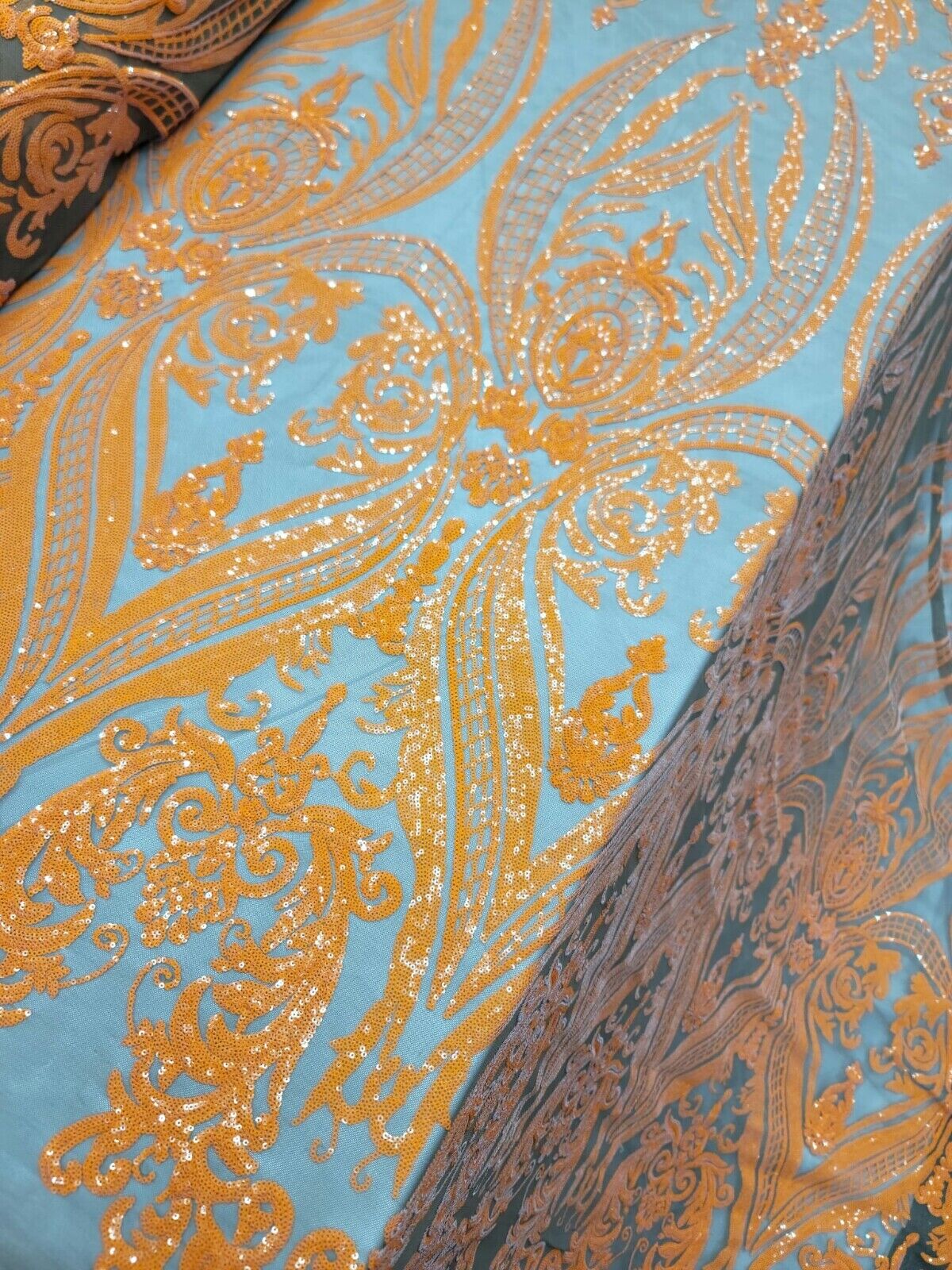 Orange Sequin Embroidered Lace Brown Stretch Mesh Fabric by the Yard For Dress
