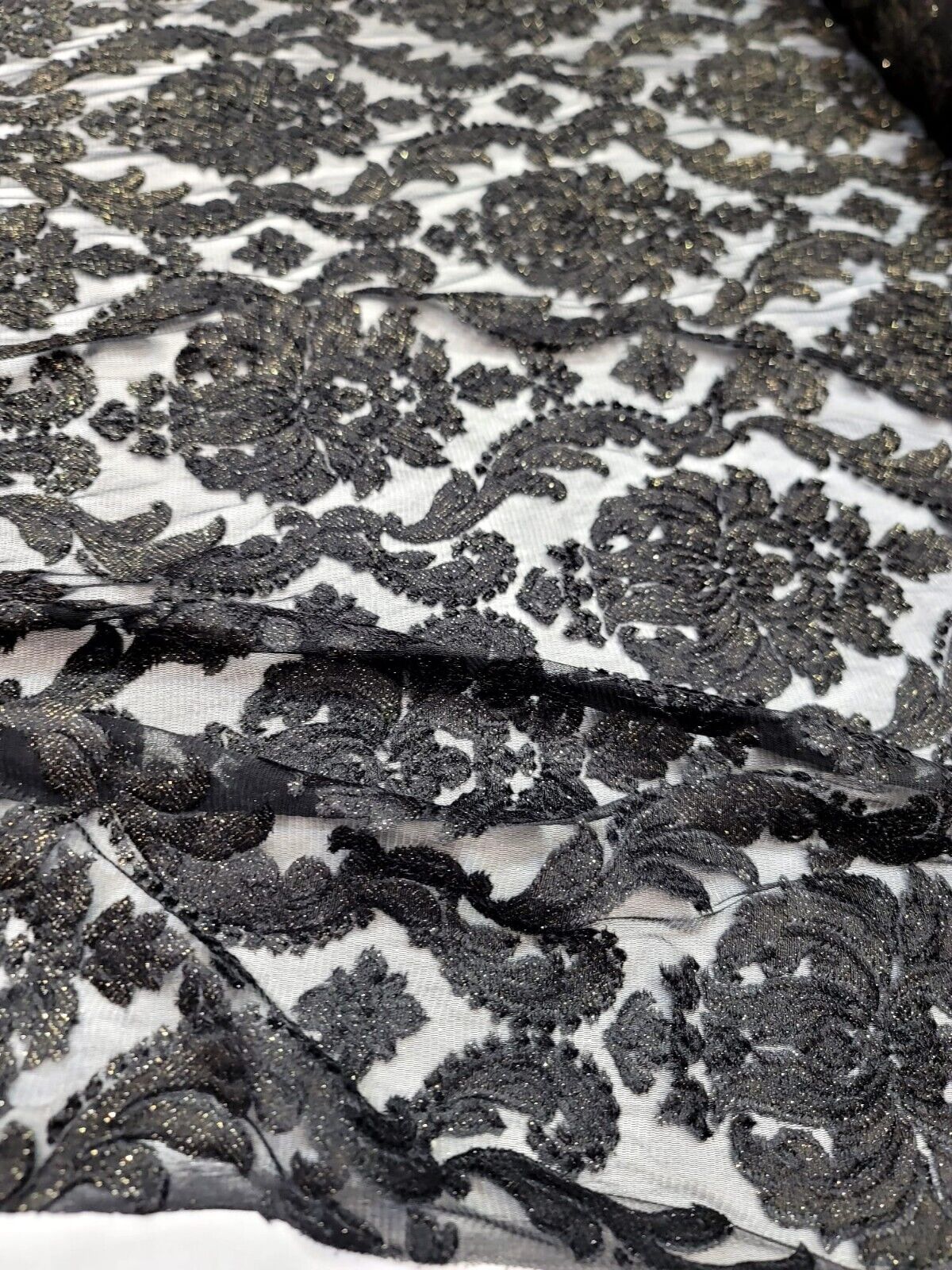 Embroidered Stretch Lace Apparel Fabric Sheer Black Floral Gold Accent - 52" Width
